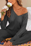 namcoverse V Neck Ribbed Long Sleeve Two-Piece Set