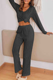 namcoverse V Neck Ribbed Long Sleeve Two-Piece Set