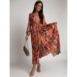 Namcoverse Fashion Vintage Print Long Sleeve Boho Beach V Neck Party Elegant Maxi Dress