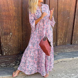 Namcoverse Fashion Office Floral Print V Neck Loose Party Summer Beach Maxi Dress