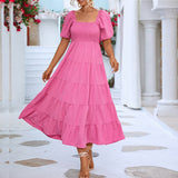 Namcoverse Elegant Square Neck Solid Short Puff Sleeve Maxi Dress