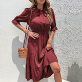 Namcoverse Fashion Crew Neck Casual Solid Pleated Elastic A-Line Maxi Dress