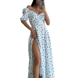 Namcoverse Vintage Sexy Print Puff Sleeve Pleated Fashion A-Line Print Maxi Dress