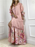 Namcoverse Elegant Balloon Sleeve Fashion Lapel Bohemian Print Shirt Maxi Dress