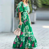 Namcoverse Temperament Print V Neck Bubble Sleeve Pleated Waist Tucked Big Swing Maxi Dress