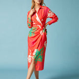 Namcoverse Summer Fashion Print Lapel Tie Party Pleated Maxi Dress