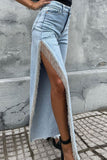 namcoverse Solid Color Urban High Split Tassel Trim Jeans