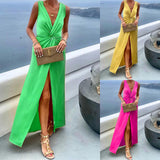 Namcoverse Summer Fashion Solid Color V Neck Slit Sleeveless Casual Maxi Dress