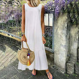 Namcoverse Fashion Loose Retro Solid Color Sleeveless O Neck Pleated Tank Maxi Dress