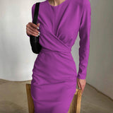 Namcoverse Casual Solid Color O Neck Party Elegant Long Sleeve Pleated Fashion Slit Body Maxi Dress