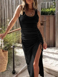 Namcoverse Sexy Slim Slit Knit Casual Solid Color O-Neck Elegant Party Print Sleeveless Maxi Dress