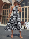 Namcoverse Fashion Casual Sleeveless Open Back Sexy Print Black Maxi Dress