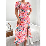 Namcoverse Holiday Summer Printed A-Line Design Square Neck Puff Sleeve High Waist Fashion Maxi Dress