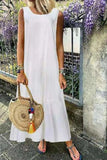 Namcoverse Fashion Loose Retro Solid Color Sleeveless O Neck Pleated Tank Maxi Dress