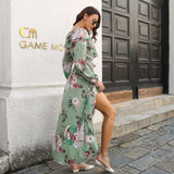 Namcoverse Elegant Floral Prints Ruffle V-Neck Sleeve Skinny Maxi Dress