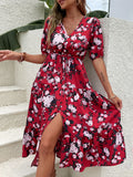 Namcoverse Print Ruffle Retro Elegant V Neck Button Tie Party Maxi Dress