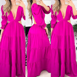 Namcoverse Summer Pure Color Temperament Elegant Sexy V Neck Hollow Maxi Dress