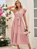 Namcoverse New Women's Dress Solid Color Belt V-Neck Sweet Elegant Maxi Dress