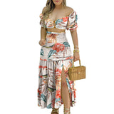 Namcoverse Fashion Off-Shoulder Sweet Printed Pattern Hollow High Waist Ruched Maxi Dress