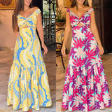 Namcoverse Fashion Elegant V Neck Pleated Hollow Out Big Swing Ruffle Party Maxi Dress