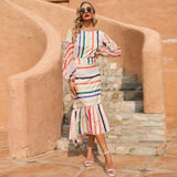 Namcoverse Lantern Sleeve O Neck Rainbow Print Striped Ruffles Midi Dresses