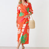 Namcoverse Summer Fashion Print Lapel Tie Party Pleated Maxi Dress