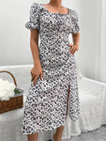 Namcoverse Holiday Summer Printed A-Line Design Square Neck Puff Sleeve High Waist Fashion Maxi Dress