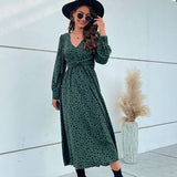 Namcoverse Elegant V-neck Long Sleeve Leopard Print Maxi Dress