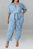 namcoverse Solid Color Casual Zipper Denim Jumpsuit With Belt