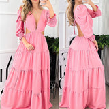 Namcoverse Summer Pure Color Temperament Elegant Sexy V Neck Hollow Maxi Dress