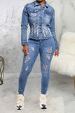 namcoverse Beaded Decor Girly Burrs Denim Coat