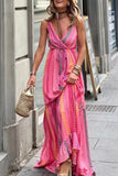 Namcoverse Sexy Deep V Neck Tie Resort Print High Waist Ruffled Party Maxi Dress