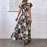 Namcoverse Fashionable Ruffle Sleeve Print Split Waist Bohemian Elegant Sweet Maxi Dress