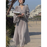 Namcoverse Fashion Elegant V Neck Office Long Sleeves Casual Retro Party Solid Color Maxi Dress