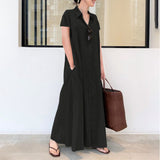 Namcoverse Summer Casual Fashion Ladies Cotton Linen Solid Color Lapel Pocket Simple Shirt Maxi Dress