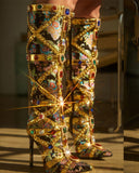 namcoverse Rhinestone Decor Luxe Patchwork Floral Jacquard Boots