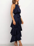 Namcoverse Ruffle Fashion Solid Color Sleeveless A-Line Elegant Fit Party Maxi Dress