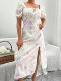 Namcoverse Holiday Summer Printed A-Line Design Square Neck Puff Sleeve High Waist Fashion Maxi Dress