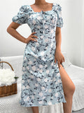 Namcoverse Holiday Summer Printed A-Line Design Square Neck Puff Sleeve High Waist Fashion Maxi Dress