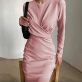 Namcoverse Casual Solid Color O Neck Party Elegant Long Sleeve Pleated Fashion Slit Body Maxi Dress