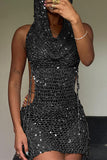 namcoverse Sequined Decor Hooded Backless Crochet Mini Dress