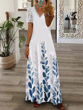 Namcoverse Fashion V Neck Lace Short Sleeve Printed Maxi Dress