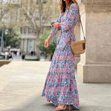 Namcoverse Elegant Bohemian Print V-Neck Long Sleeve Tie Fashion Maxi Dress