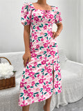 Namcoverse Holiday Summer Printed A-Line Design Square Neck Puff Sleeve High Waist Fashion Maxi Dress