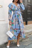 Namcoverse Elegant Floral Prints Ruffle V-Neck Sleeve Skinny Maxi Dress