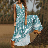 Namcoverse Vintage Graphic Print Sexy V Neck Loose Boho Maxi Dress