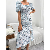 Namcoverse Holiday Summer Printed A-Line Design Square Neck Puff Sleeve High Waist Fashion Maxi Dress