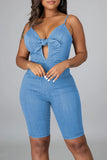 namcoverse Solid Color Bowknot Elegant Denim Romper