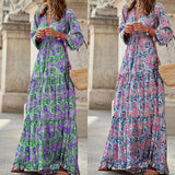 Namcoverse Elegant Bohemian Print V-Neck Long Sleeve Tie Fashion Maxi Dress