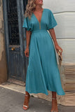 Namcoverse Sexy V Neck High Waist Party Solid Color A-Line Backless Hollow Out Office Maxi Dress